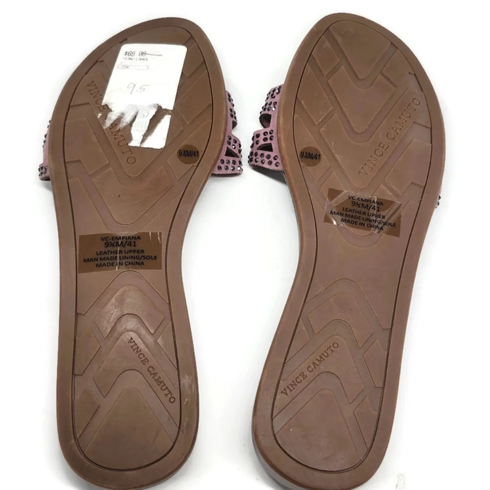 Vince Camuto Empiana Light Pink Woven Strap Black Crystals Flat Slide-On Sandals
